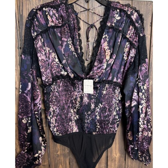 Free People MEDIUM Bodysuit Worth The Wait Balloon Long Sleeves Smocked Lace - Picture 2 of 14